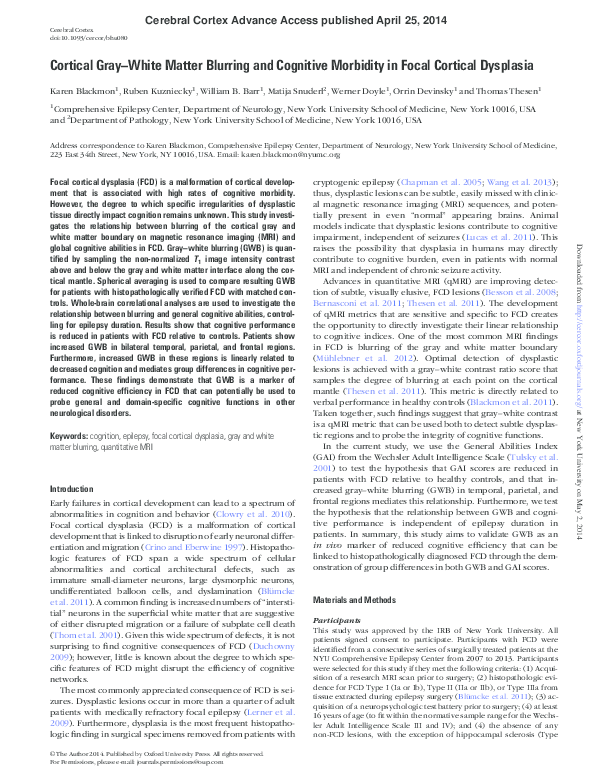 (PDF) Cortical Gray-White Matter Blurring and Cognitive Morbidity in ...