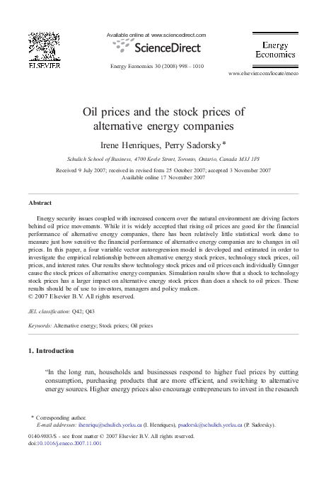 (PDF) Oil prices and the stock prices of alternative energy companies