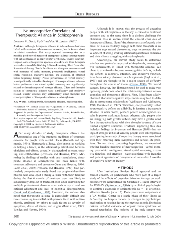 (PDF) Neurocognitive Correlates of Therapeutic Alliance in Schizophrenia