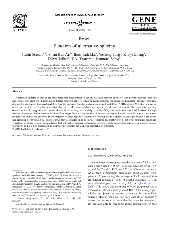 (PDF) Function of alternative splicing