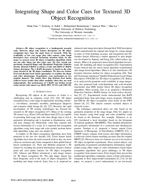 (PDF) Integrating shape and color cues for textured 3D object recognition