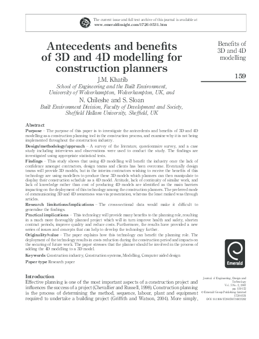 (PDF) Antecedents and benefits of 3D and 4D modelling for construction ...