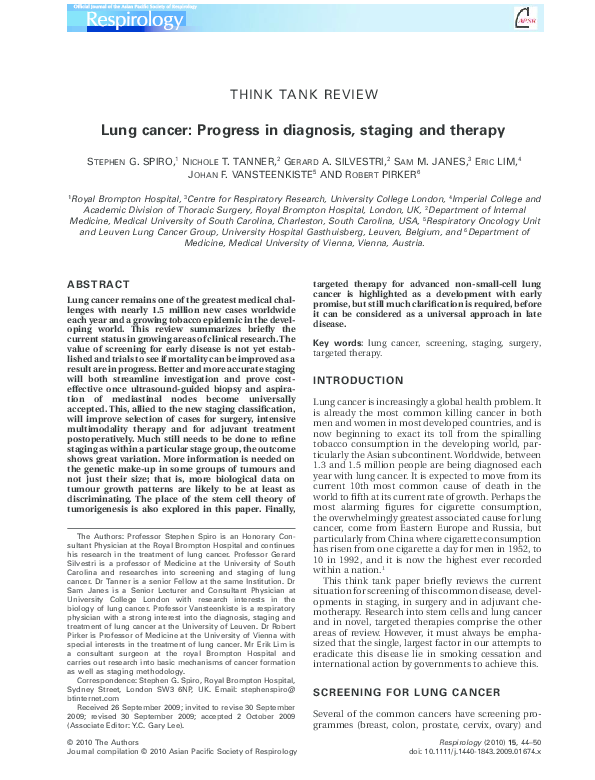 (PDF) Lung cancer: Progress in diagnosis, staging and therapy
