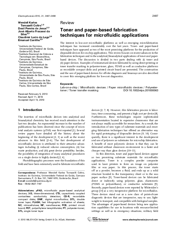(PDF) Toner and paperbased fabrication techniques for microfluidic