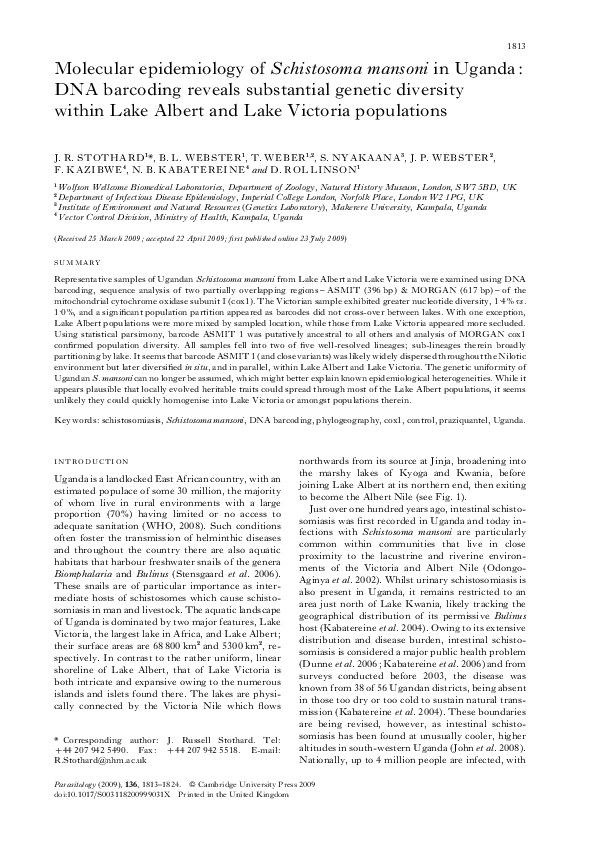 (PDF) Molecular epidemiology of Schistosoma mansoni in Uganda: DNA ...