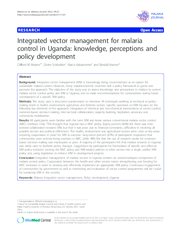 (PDF) Integrated vector management for malaria control in Uganda ...