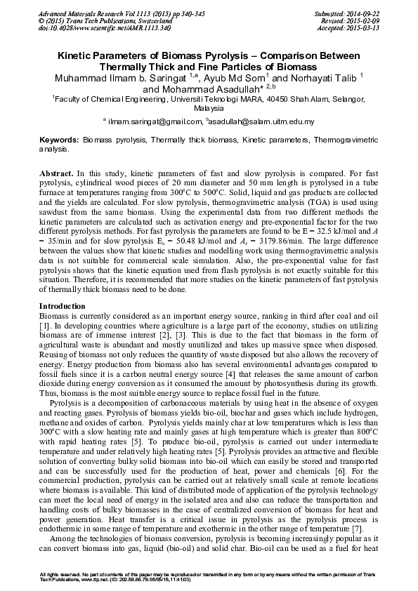 (PDF) Kinetic Parameters of Biomass Pyrolysis – Comparison Between ...