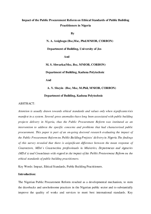 (PDF) Impact of the public procurement reform on ethical standards of public building