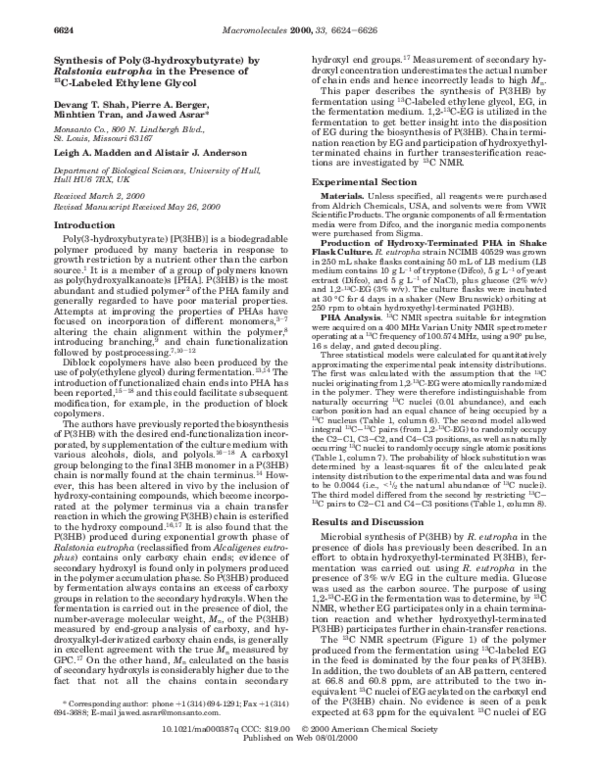 (PDF) Synthesis of Poly(3-hydroxybutyrate) by Ralstonia eutropha in the ...