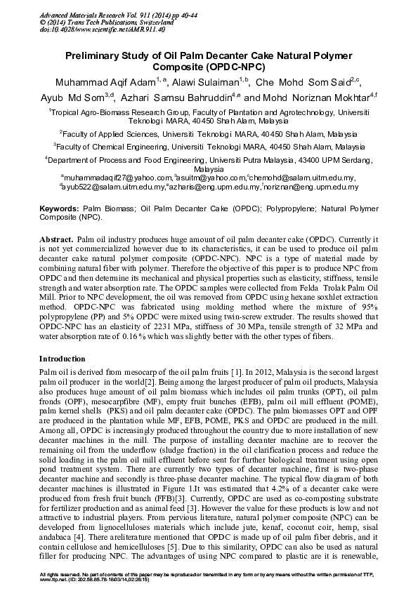 (PDF) Preliminary Study of Oil Palm Decanter Cake Natural Polymer