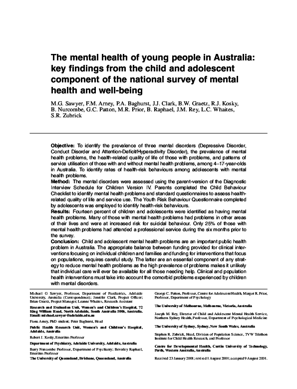 (PDF) The mental health of young people in Australia: key findings from ...