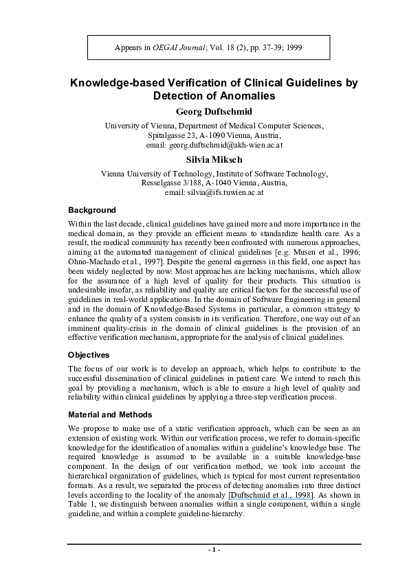 (PDF) Knowledgebased verification of clinical guidelines by detection