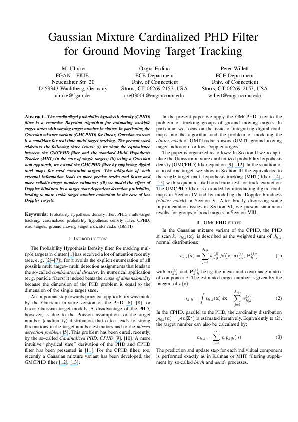 (PDF) Gaussian mixture cardinalized PHD filter for ground moving target ...
