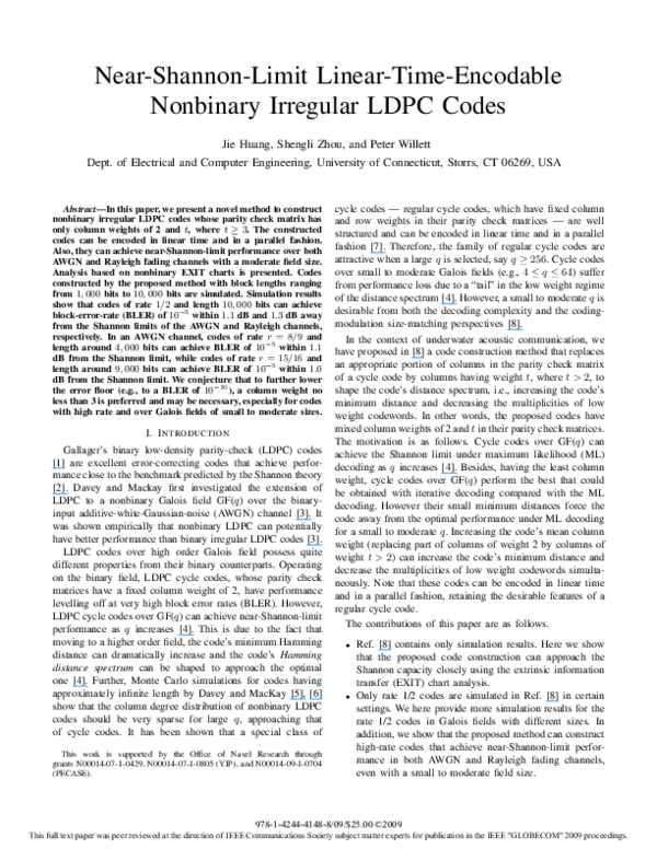 (PDF) NearShannonlimit lineartimeencodable nonbinary irregular LDPC