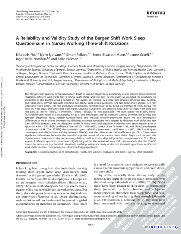 (PDF) A Reliability and Validity Study of the Bergen Shift Work Sleep ...