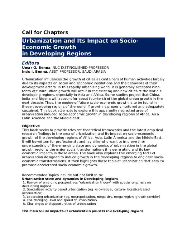 (DOC) Call for Chapters Urbanization and Its Impact on Socio-Economic ...