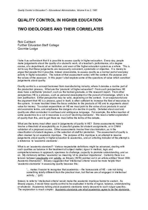 (DOC) Quality control in higher education two ideologies and their