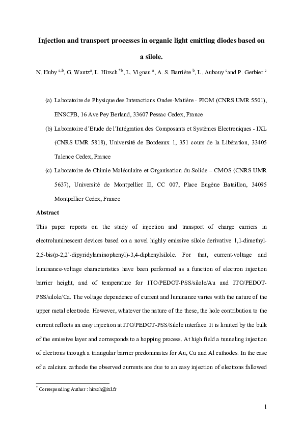 (PDF) Injection and transport processes in organic light emitting ...