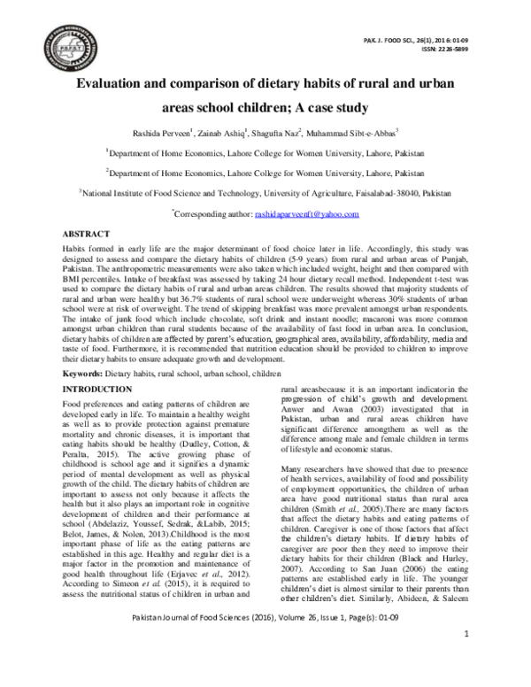 (PDF) Evaluation and comparison of dietary habits of rural and urban ...