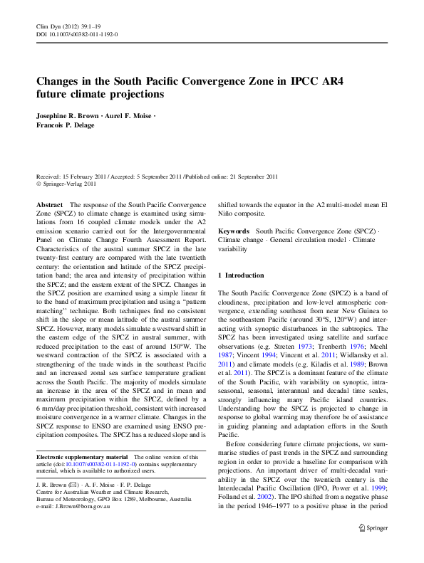 (PDF) Changes in the South Pacific Convergence Zone in IPCC AR4 future ...