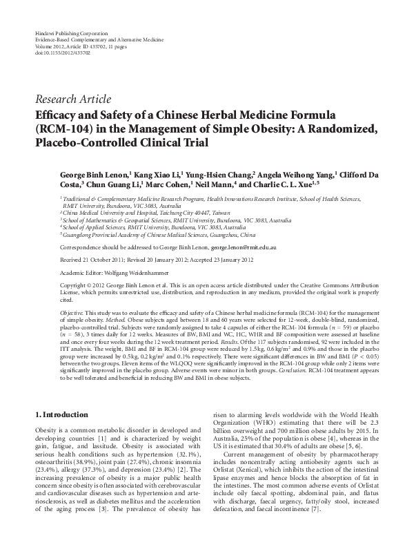 (PDF) Efficacy and Safety of a Chinese Herbal Medicine Formula (RCM-104 ...