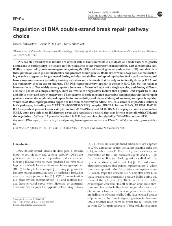 (PDF) Regulation of DNA double-strand break repair pathway choice