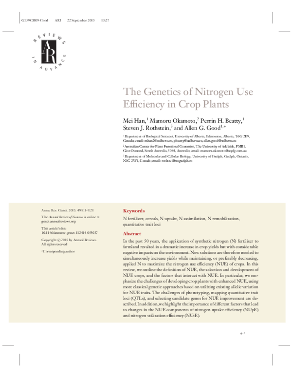 (PDF) The Genetics of Nitrogen Use Efficiency in Crop Plants