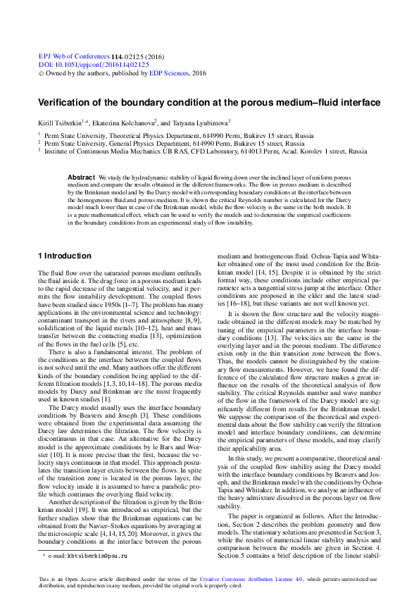 (PDF) Verification of the boundary condition at the porous medium–fluid ...