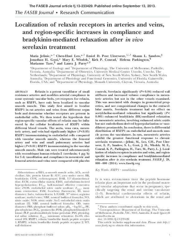 Localization of relaxin receptors in arteries and veins, and region-specific increases in compliance and bradykinin-mediated relaxation after in vivo serelaxin treatment