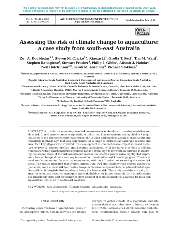 (PDF) Assessing the risk of climate change to aquaculture: a case study ...