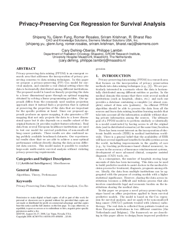 (PDF) Privacy-preserving cox regression for survival analysis