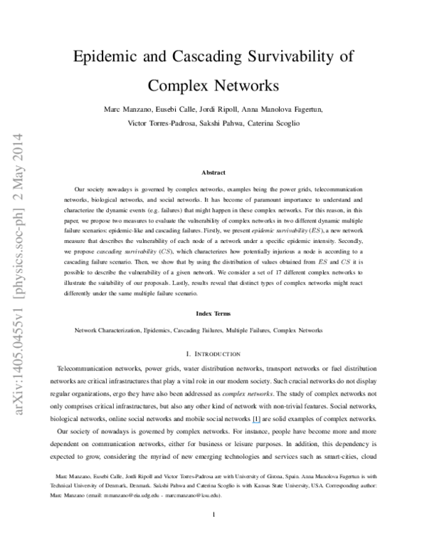(PDF) Epidemic and cascading survivability of complex networks