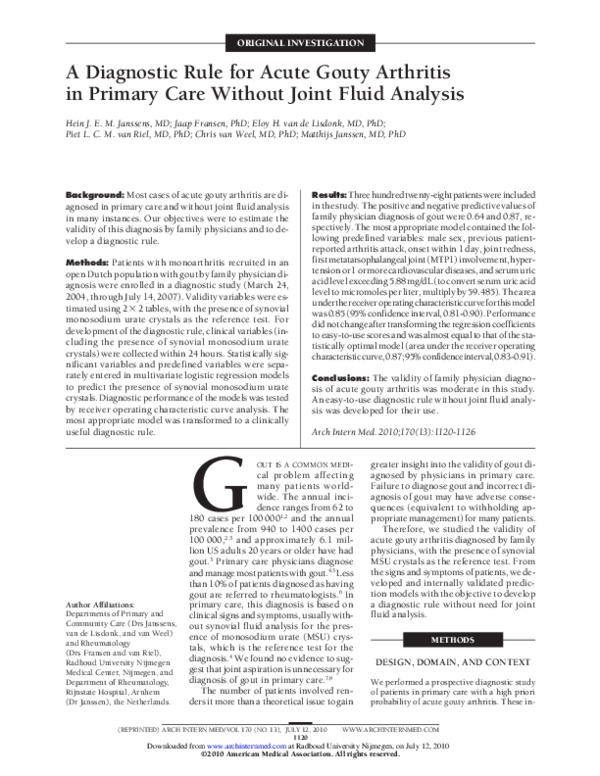 (PDF) A Diagnostic Rule for Acute Gouty Arthritis in Primary Care