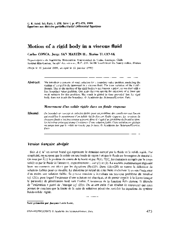 (PDF) Motion of a rigid body in a viscous fluid