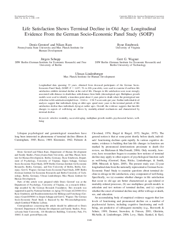 (PDF) Life satisfaction shows terminal decline in old age Longitudinal