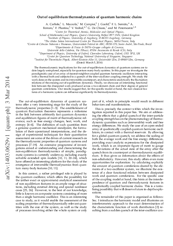 (PDF) Out of equilibrium thermodynamics of quantum harmonic chains