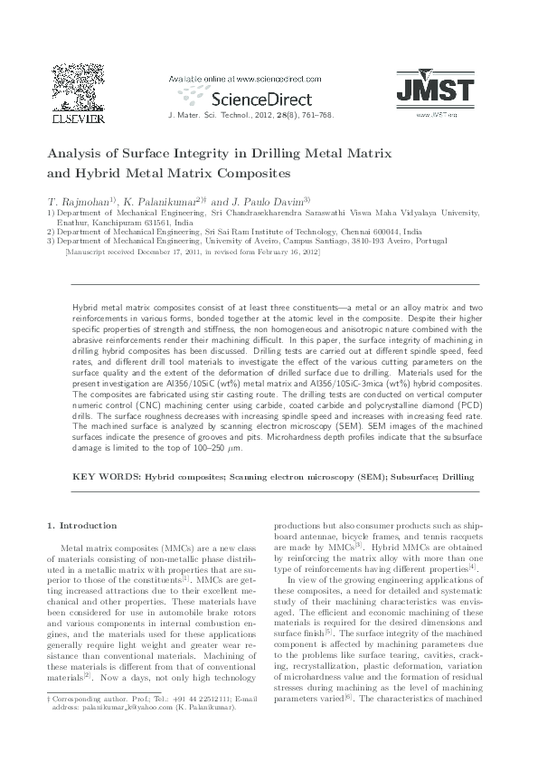 (PDF) Analysis of Surface Integrity in Drilling Metal Matrix and Hybrid ...