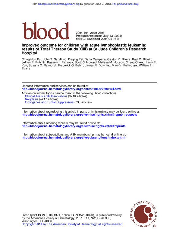 (PDF) Improved outcome for children with acute lymphoblastic leukemia ...