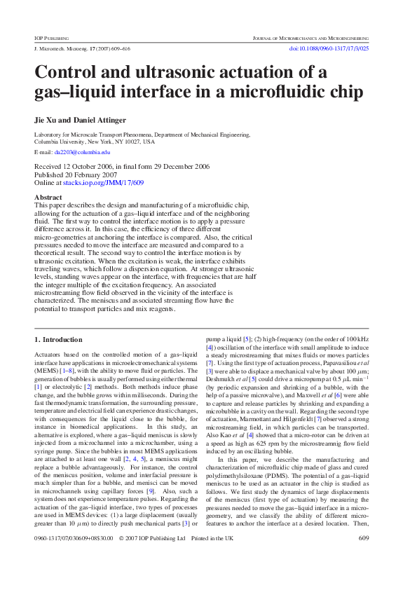 (PDF) Control and ultrasonic actuation of a gas–liquid interface in a ...
