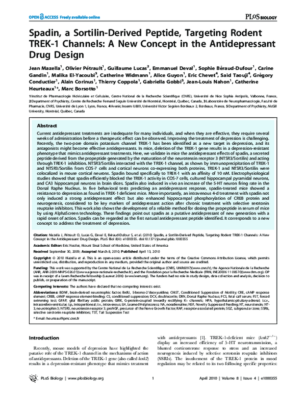 (PDF) Spadin, a Sortilin-Derived Peptide, Targeting Rodent TREK-1 ...