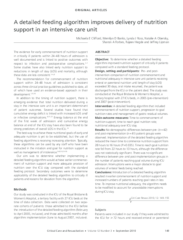 (PDF) A detailed feeding algorithm improves delivery of nutrition ...