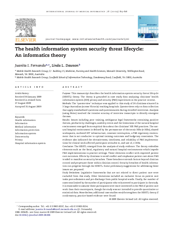(PDF) The health information system security threat lifecycle: An ...