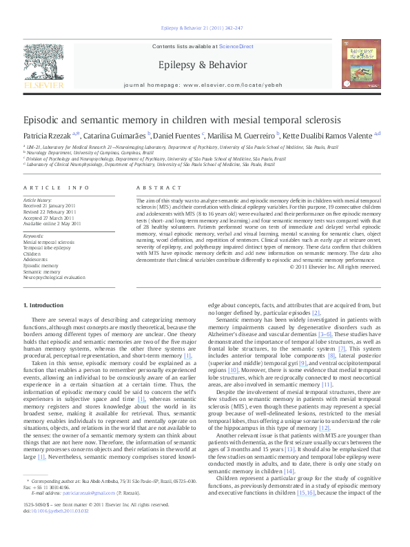 (PDF) Episodic and semantic memory in children with mesial temporal ...