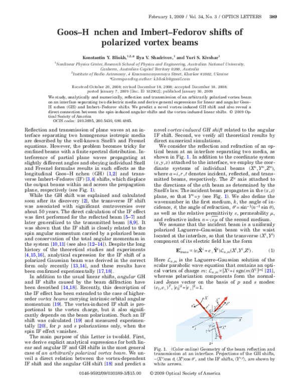 (PDF) Goos–Hänchen and Imbert–Fedorov shifts of polarized vortex beams