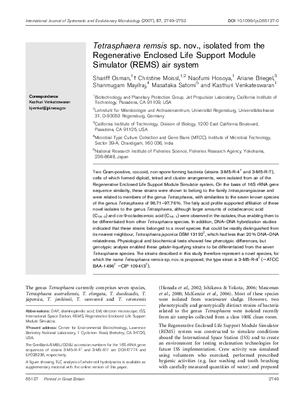(PDF) Tetrasphaera remsis sp. nov., isolated from the Regenerative ...