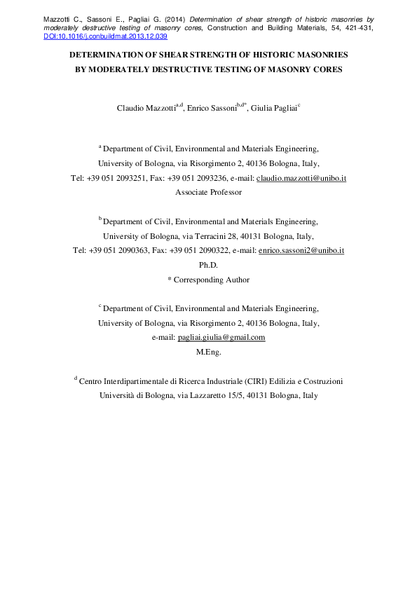 (PDF) Determination of shear strength of historic masonries by