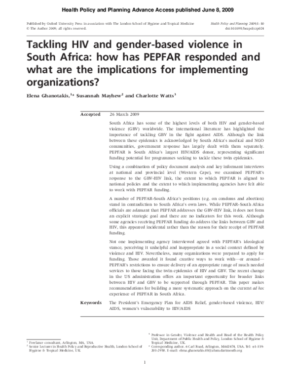 (PDF) Tackling HIV and genderbased violence in South Africa how has PEPFAR responded and what