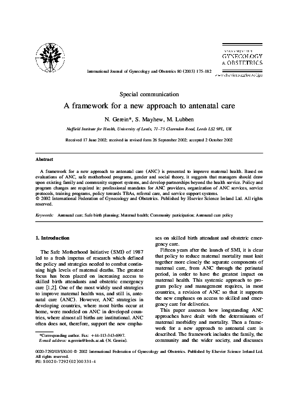 (PDF) A framework for a new approach to antenatal care