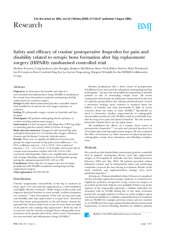 (PDF) Safety and efficacy of routine postoperative ibuprofen for pain