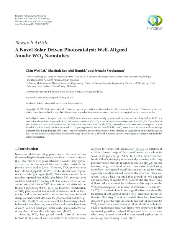 (PDF) A Novel Solar Driven Photocatalyst: Well-Aligned Anodic WO 3 ...